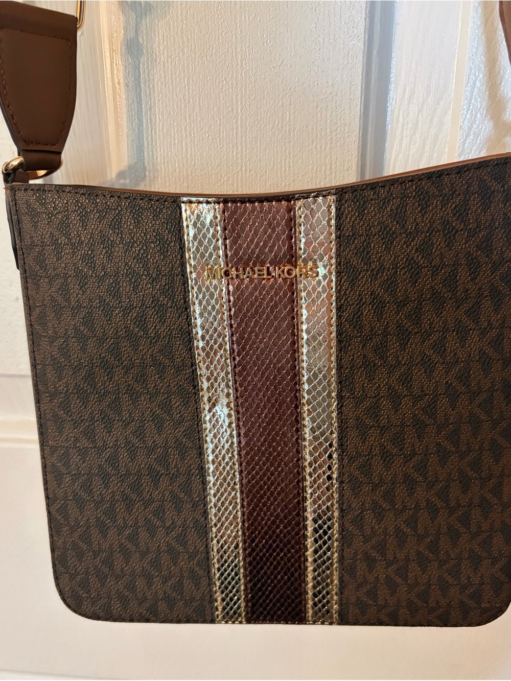 Michael Kors Brown Logo Bag with Metallic Stripes